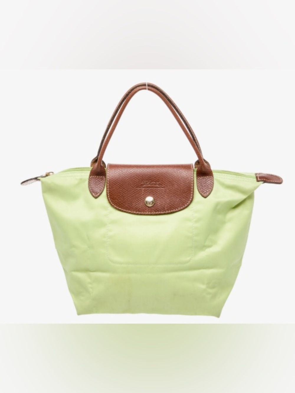 Longchamp Le Pliage Top-Handle Tote in Light Green and Brown Leather